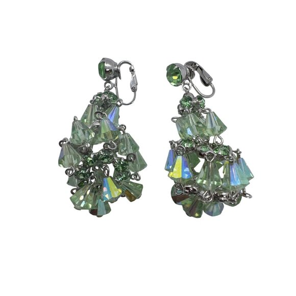 Vintage Hattie Carnegie Earrings Signed Green Aurora Borealis Chandelier ClipOn - Picture 9 of 10